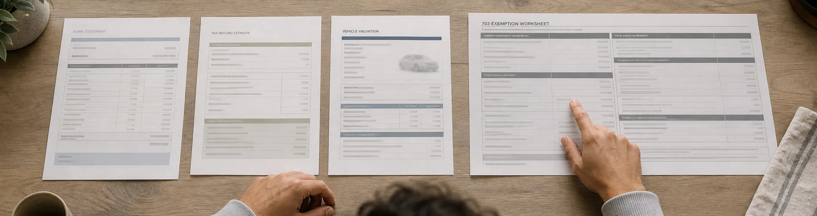 Four worksheets laid across a table, a hand resting on the exemption sheet at the end of the row