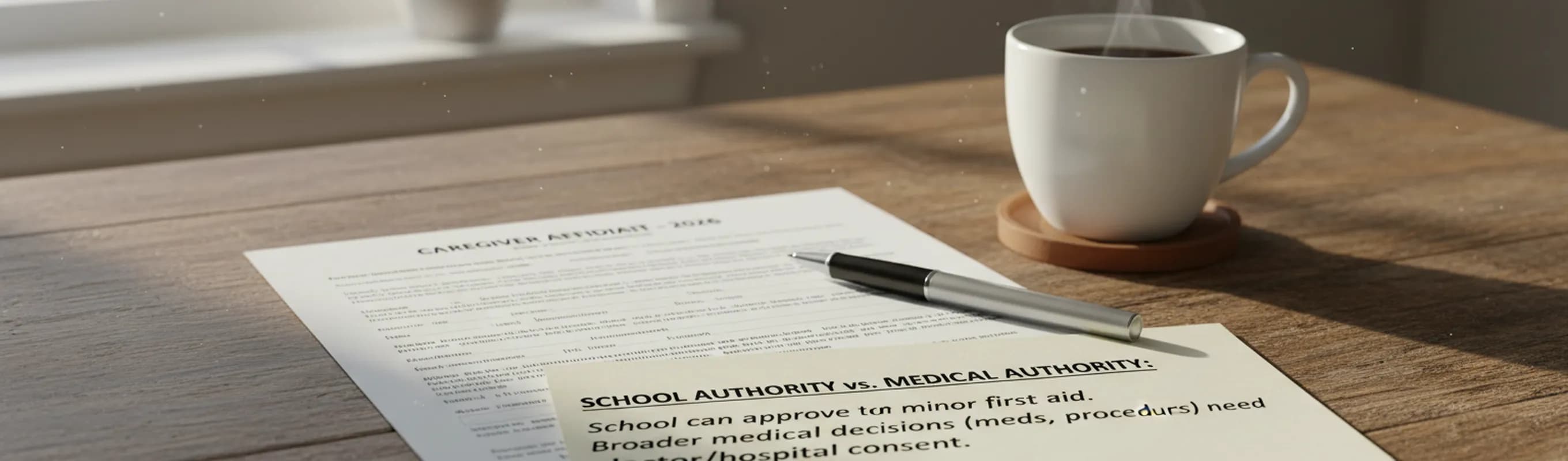 A caregiver's authorization affidavit open on a kitchen table beside a handwritten note
