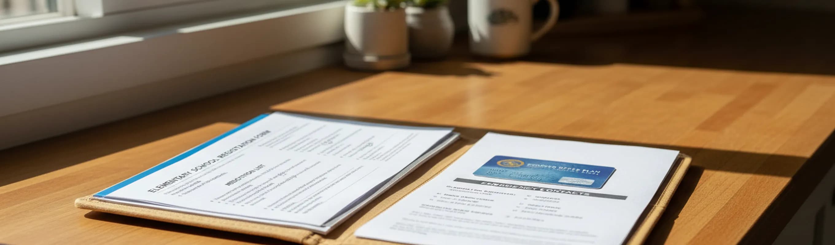 A caregiver putting a school form, medication list and insurance card into a labeled folder