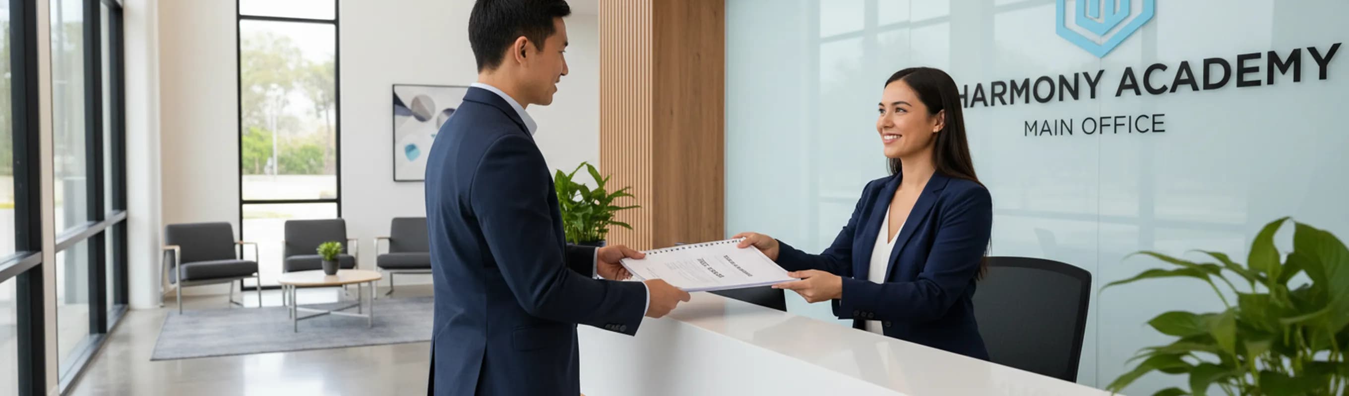 A school administrator taking a caregiver packet across a front-office counter