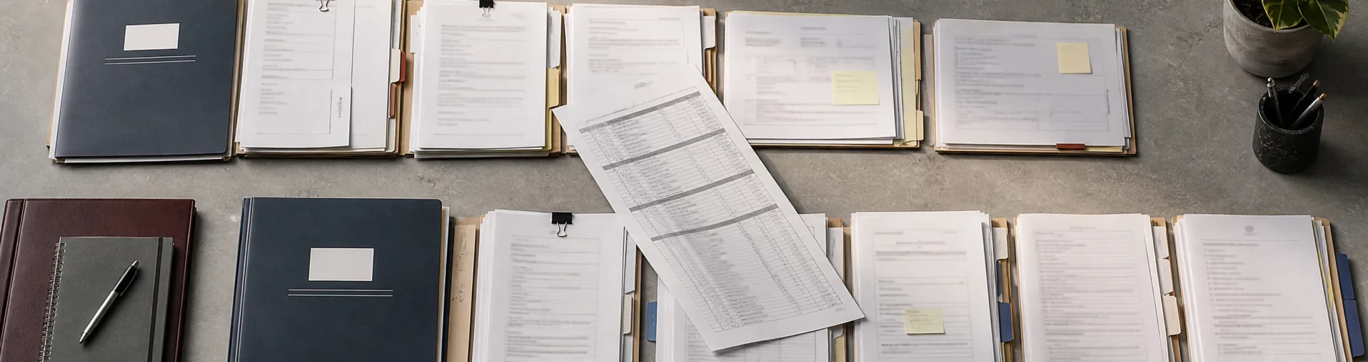 Two rows of open case folders and forms on a table, with one loose schedule raised between them