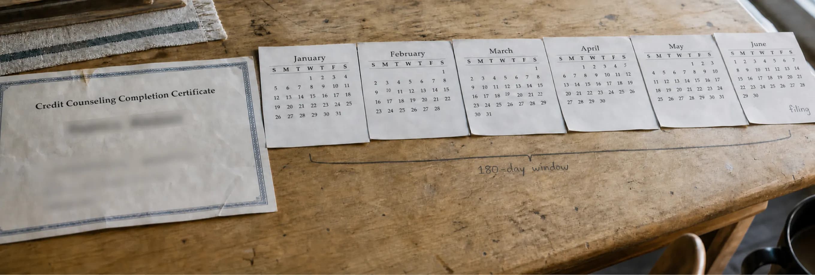 A credit-counseling completion certificate beside six month sheets with the 180-day window drawn across them