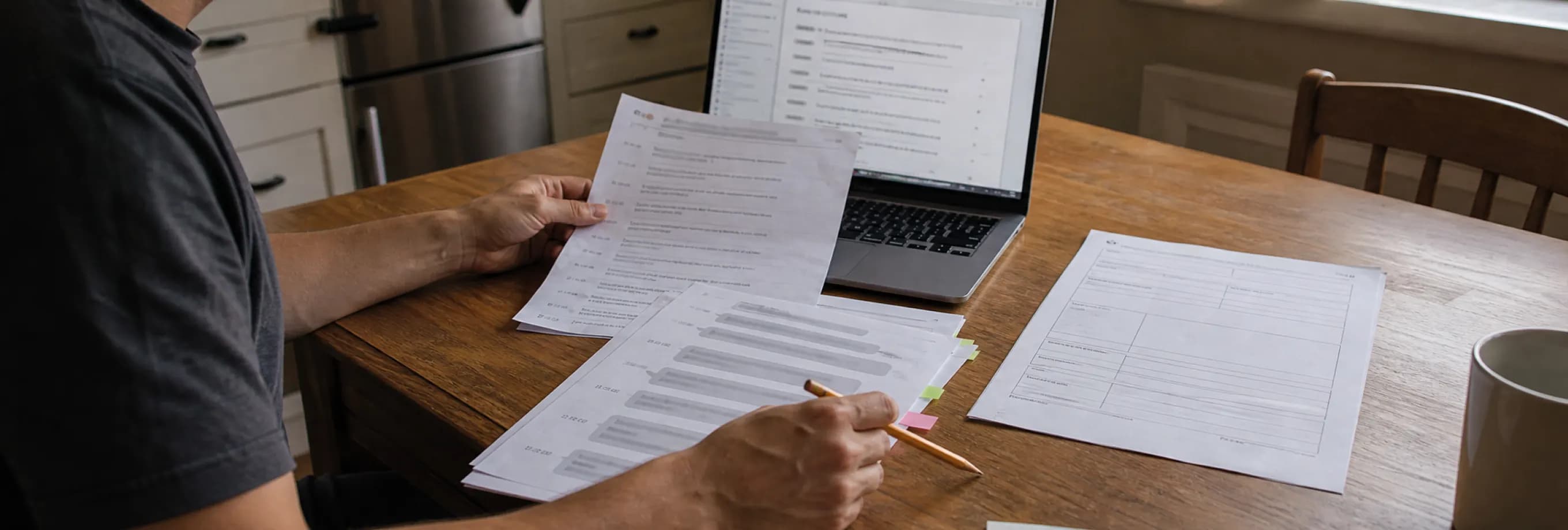 A person comparing an AI-generated chronology with dated messages and a blank California court form