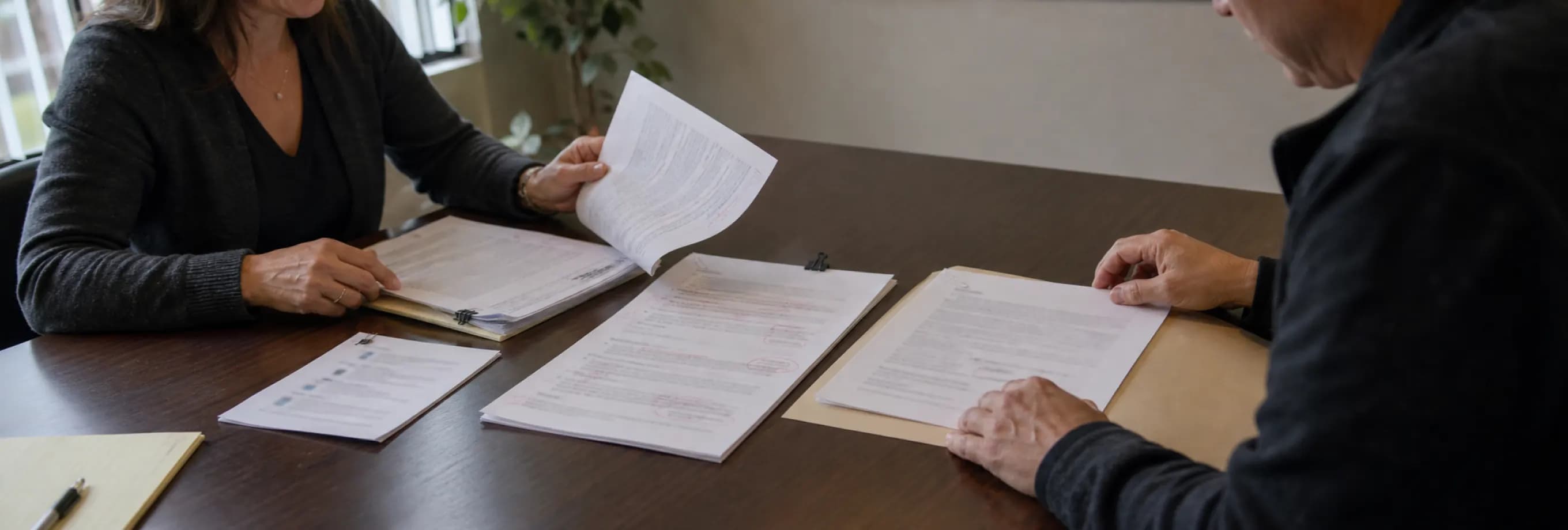 A client and a lawyer reviewing an original message, a draft and a final declaration as three separate versions
