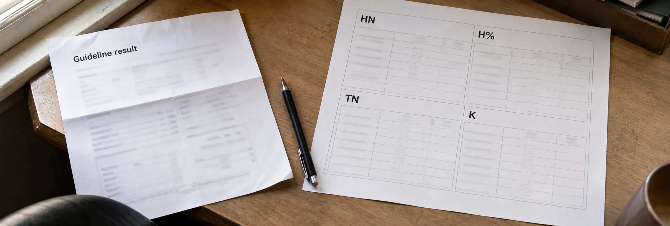 A printed guideline result beside a worksheet that labels HN, H percent, TN and K separately