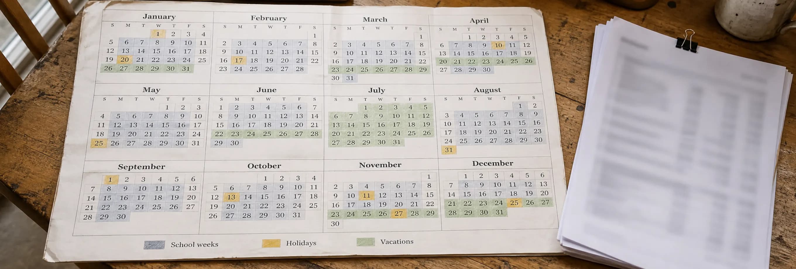 A twelve-month calendar with school weeks, holidays and vacations marked, beside income records