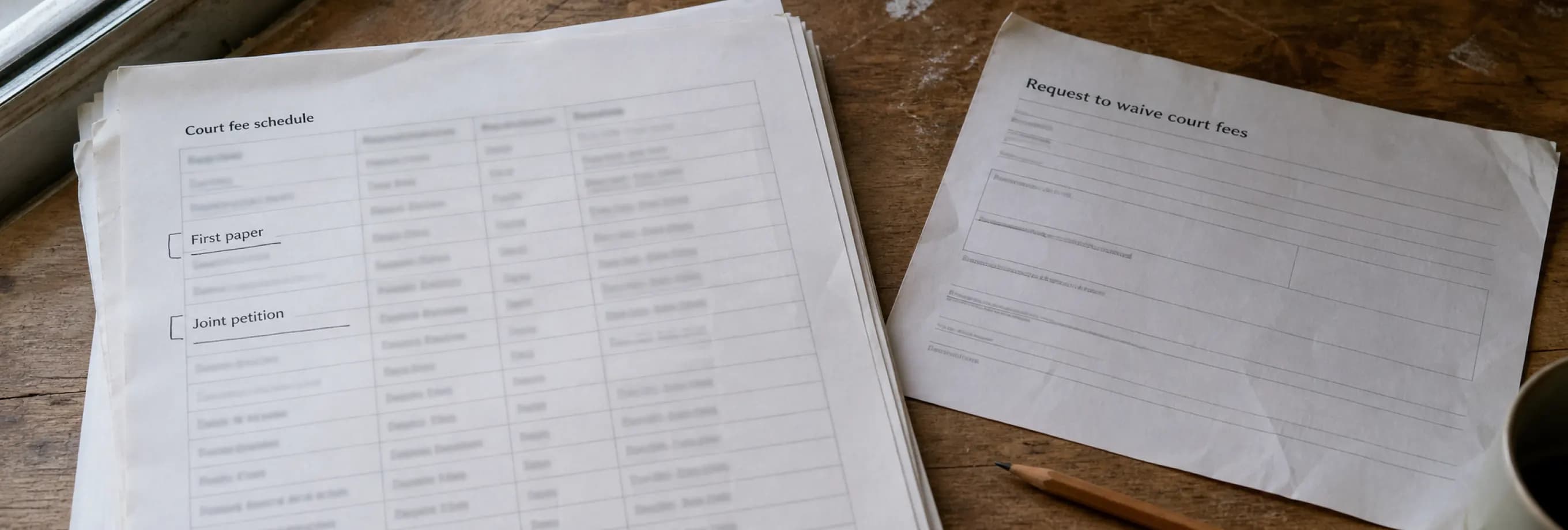 A court fee schedule with the first-paper and joint-petition lines marked, beside a fee-waiver request