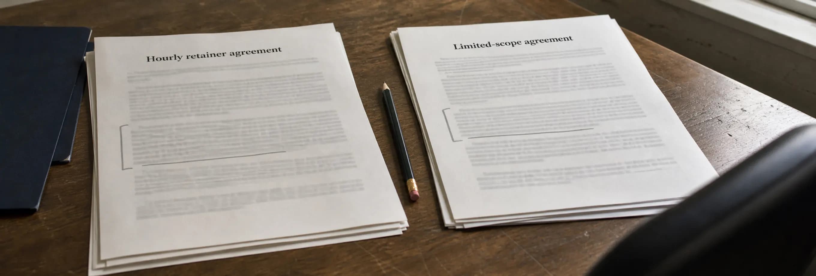 Two fee agreements laid side by side with their scope paragraphs marked