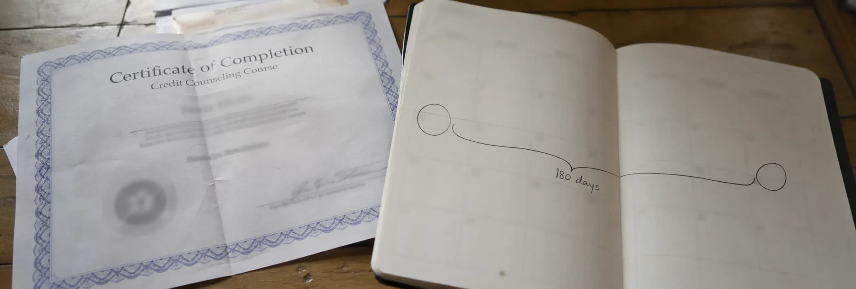 A credit-counseling completion certificate beside an open planner with a hundred and eighty days marked between two dates