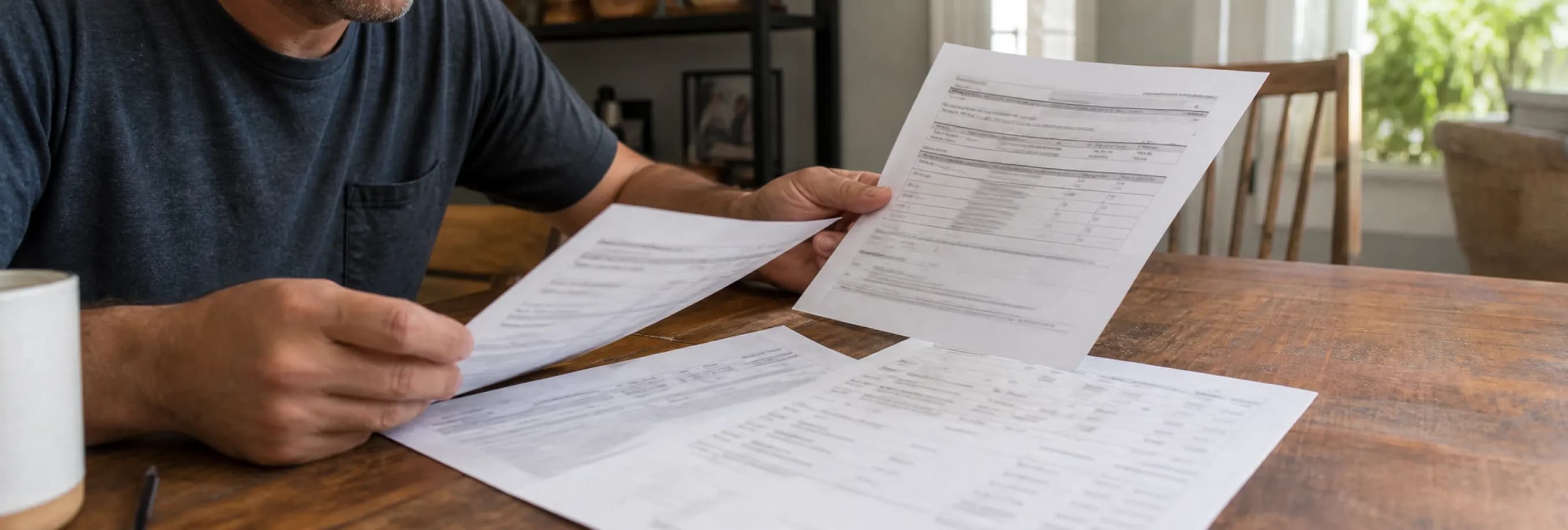 A spouse comparing an FL-142 asset entry with a bank statement and a transaction export at a dining table