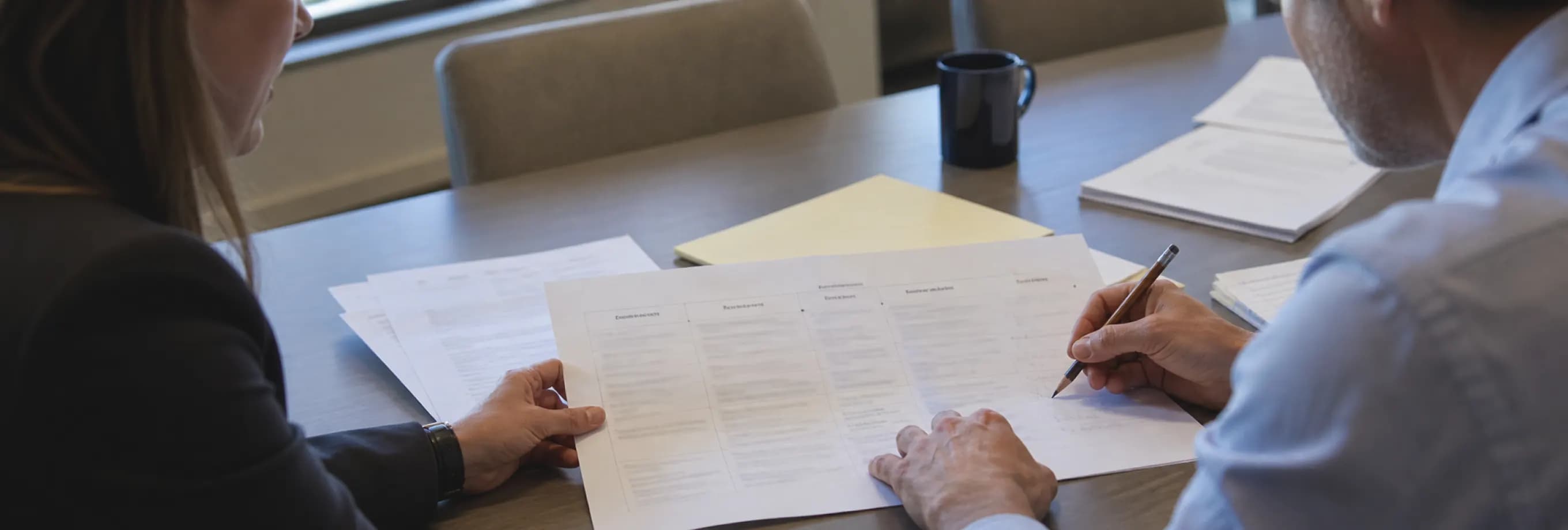 Two professionals working through a proposed asset schedule with a column for each field