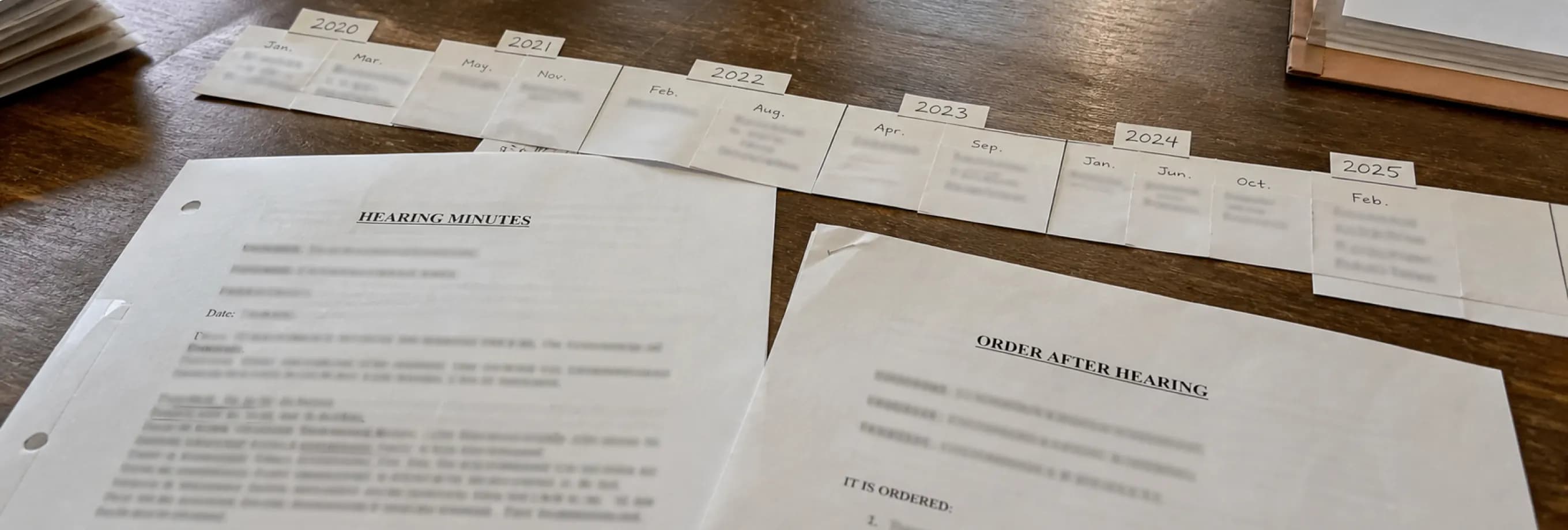 Hearing minutes, an order after hearing, and a five-year timeline laid out by date