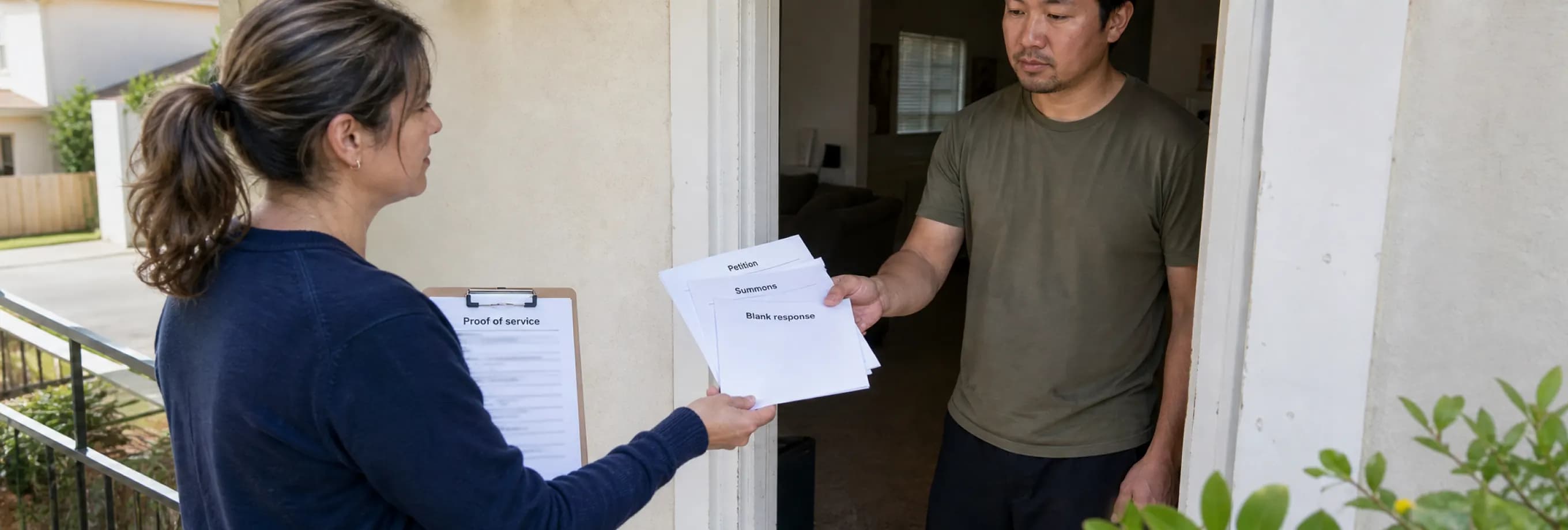 Someone who is not a party handing a petition, summons and blank response across a doorway