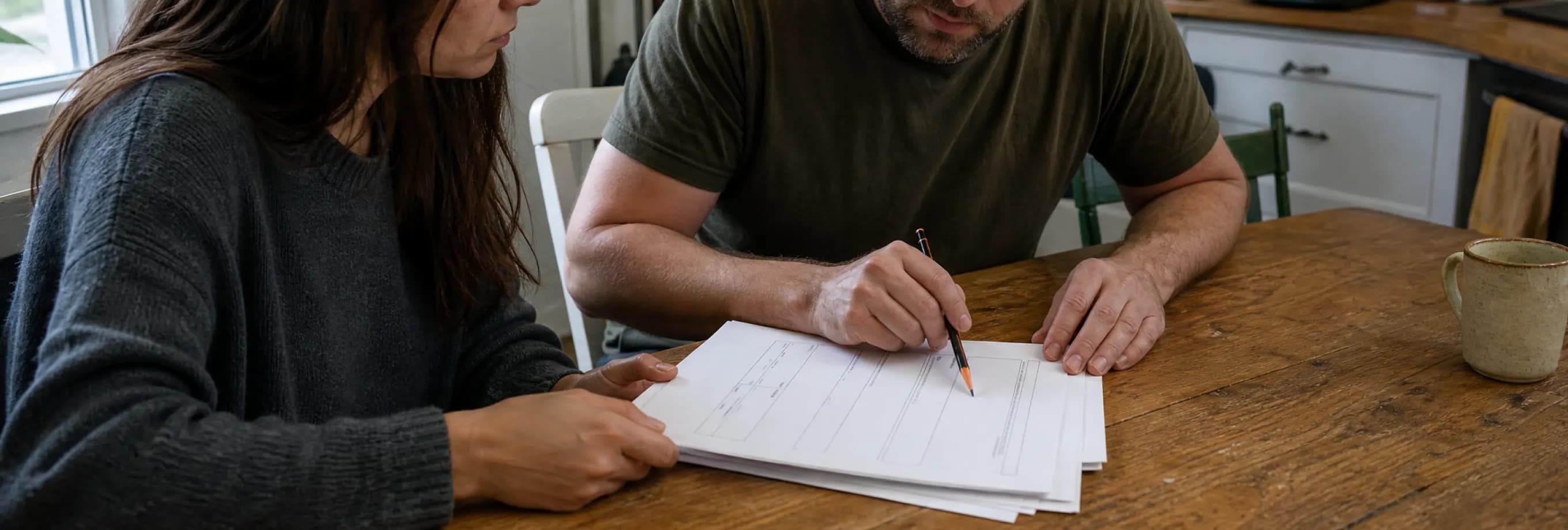 Two spouses checking names and signature lines on the same set of California joint-petition forms