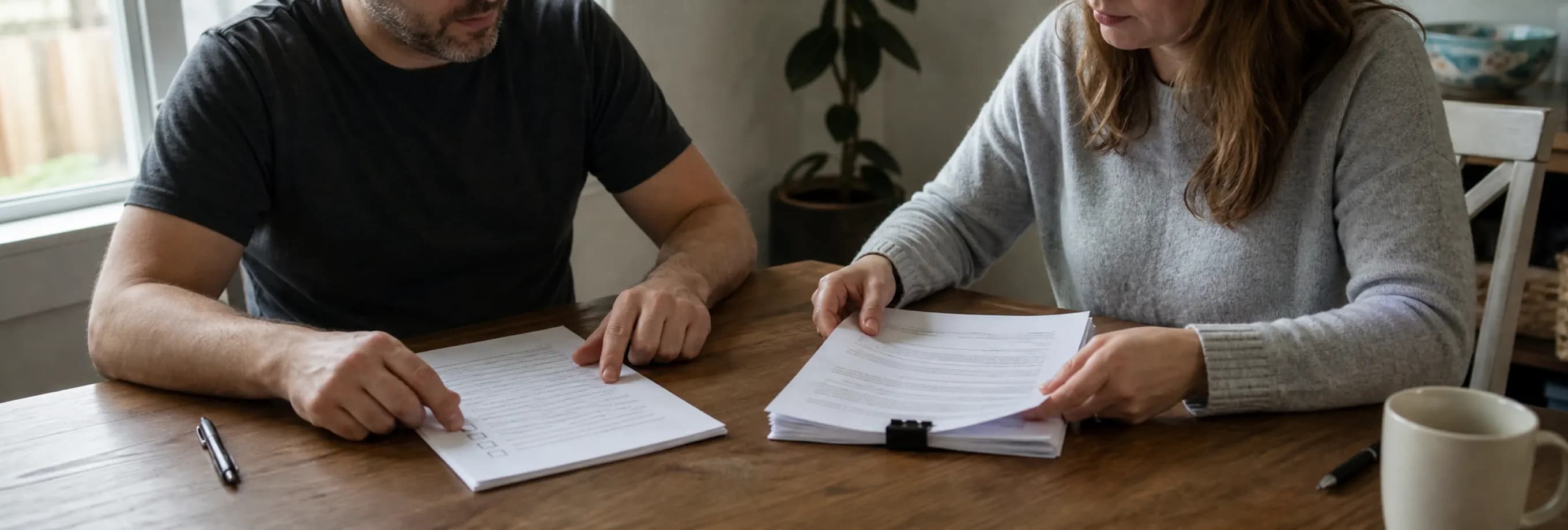 Two petitioners comparing a financial-disclosure checklist with an unsigned settlement draft
