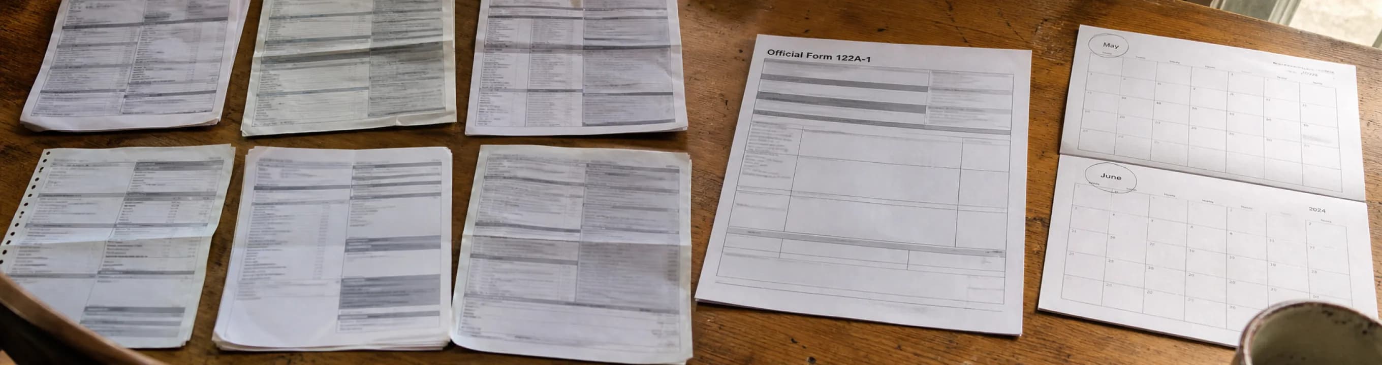 Six months of pay records laid out beside Official Form 122A-1 and a two-month calendar
