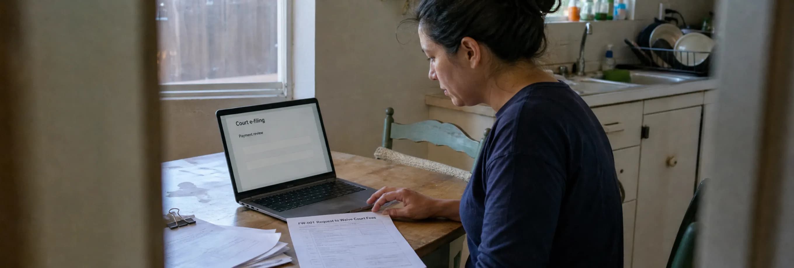 A person completing form FW-001 at a kitchen table beside current income records