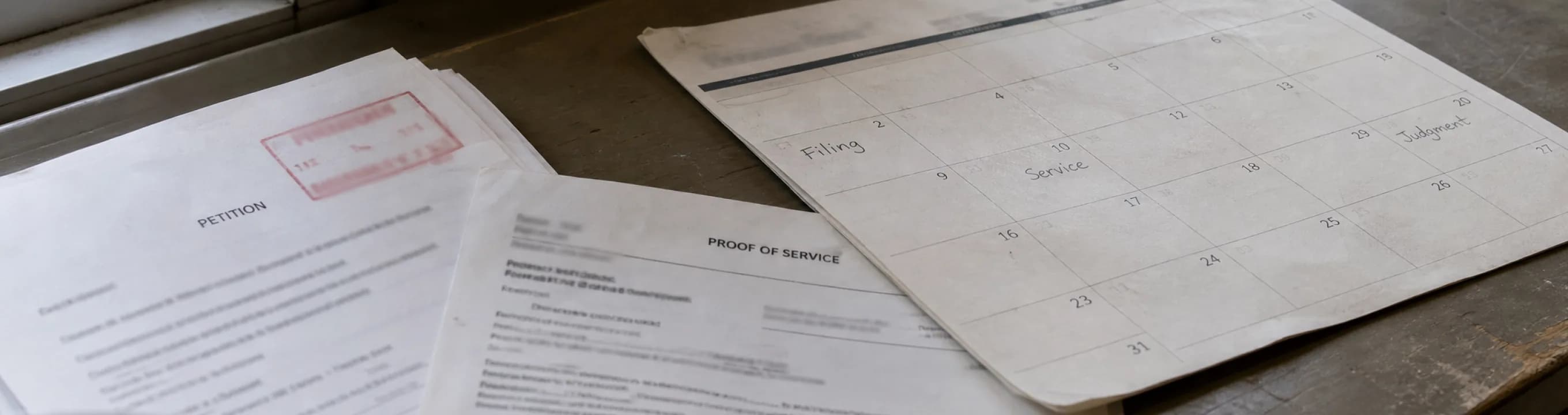 A court-stamped petition and a proof of service beside a paper calendar marked filing, service and judgment