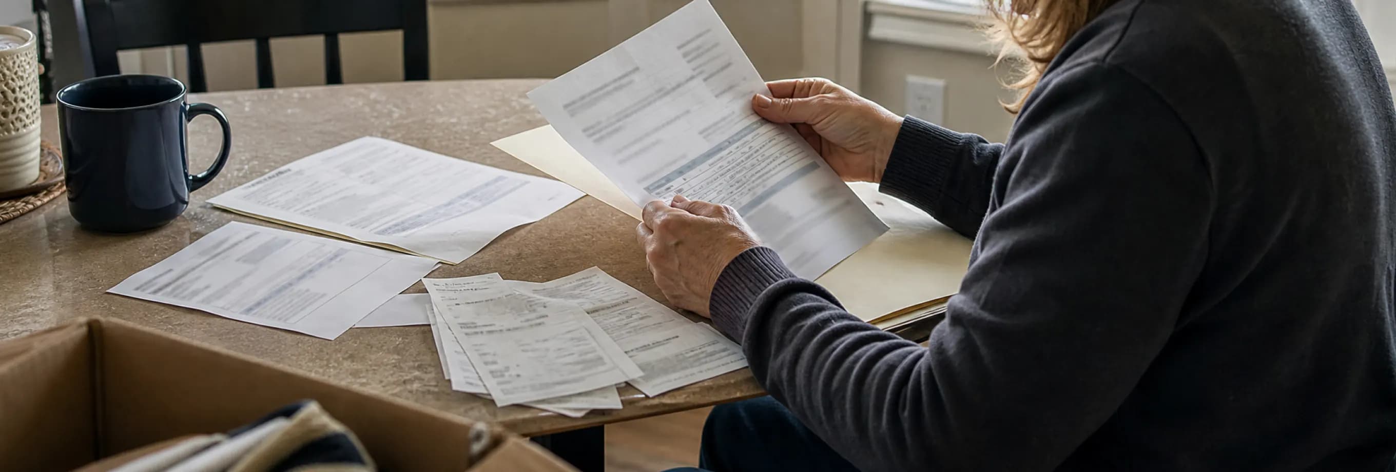 A displaced homeowner sorting an insurance declarations page, coverage letters and receipts at a temporary kitchen table