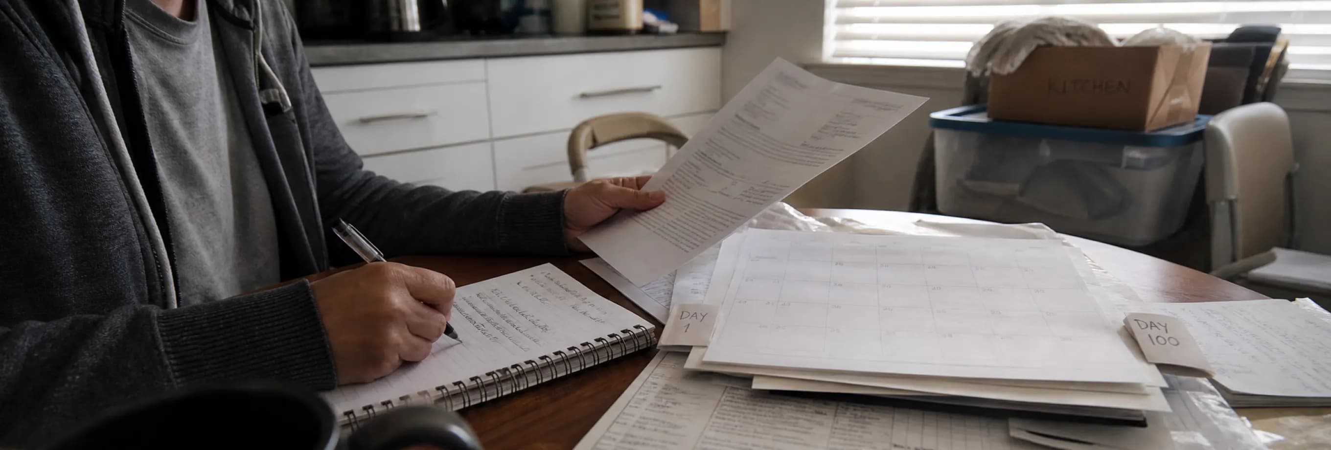A contents-coverage advance letter beside a hundred-day calendar and an inventory still in progress