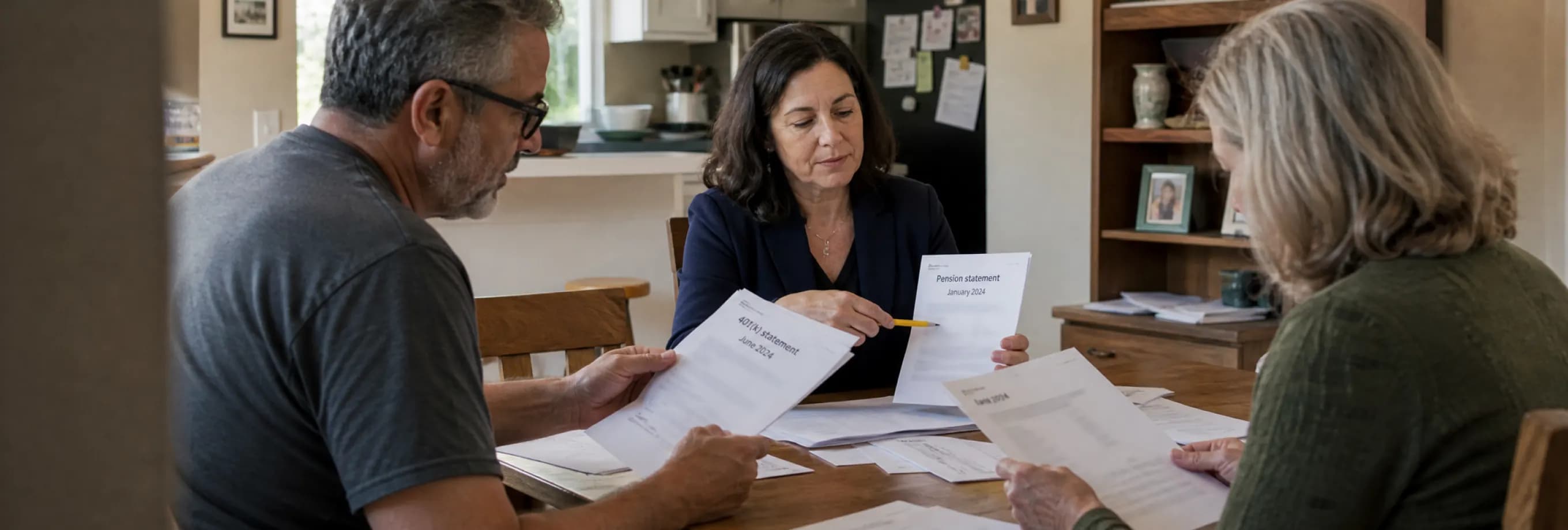 Two former spouses reviewing retirement statements with a financial-document specialist at a dining table