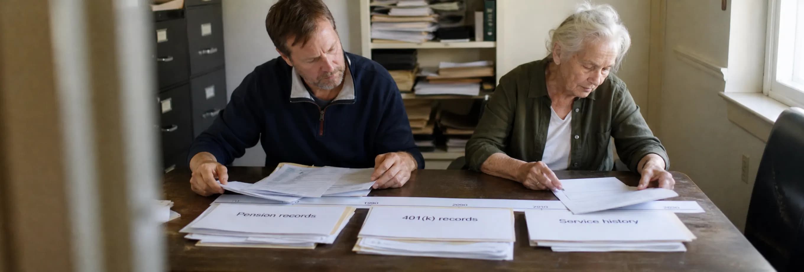 An older client and a specialist arranging pension, 401(k) and service-history records along a timeline