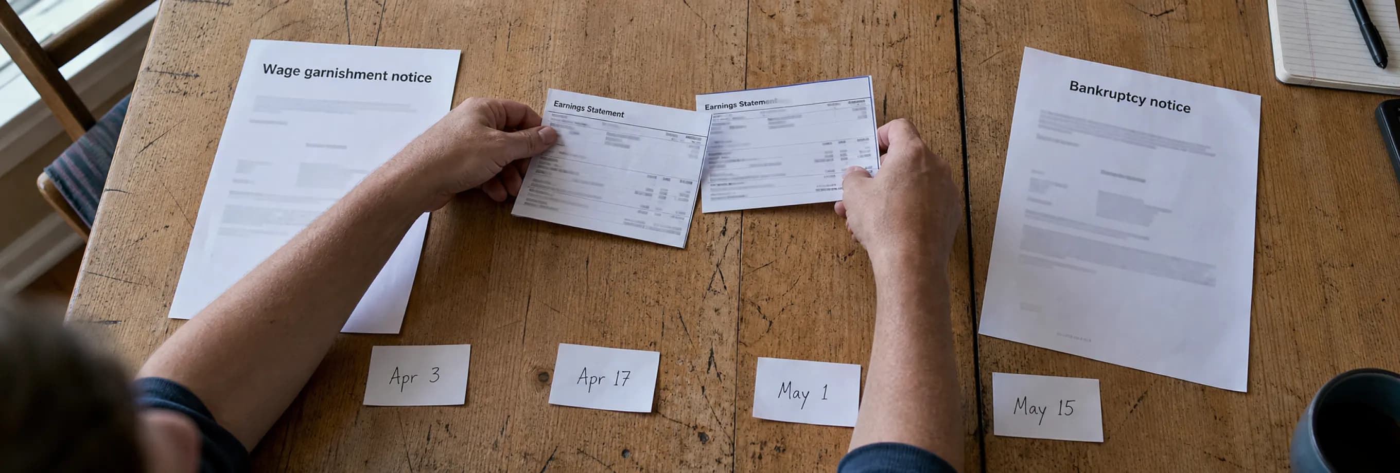 A wage-garnishment notice, two pay stubs and a bankruptcy notice arranged in date order